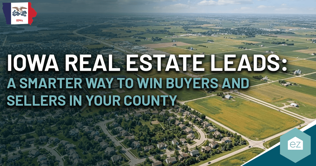 Aerial view of Iowa farmland with text overlay: “Iowa Real Estate Leads: A Smarter Way to Win Buyers and Sellers in Your County.” Highlight how leveraging targeted Iowa real estate leads can help agents connect with motivated buyers and sellers across your local market.
