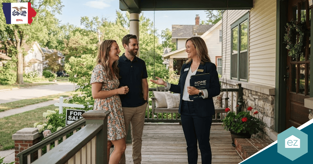 A real estate agent talks with a smiling couple on the porch of a house for sale in a suburban neighborhood, discussing Iowa real estate leads. The Iowa state flag is in the corner.