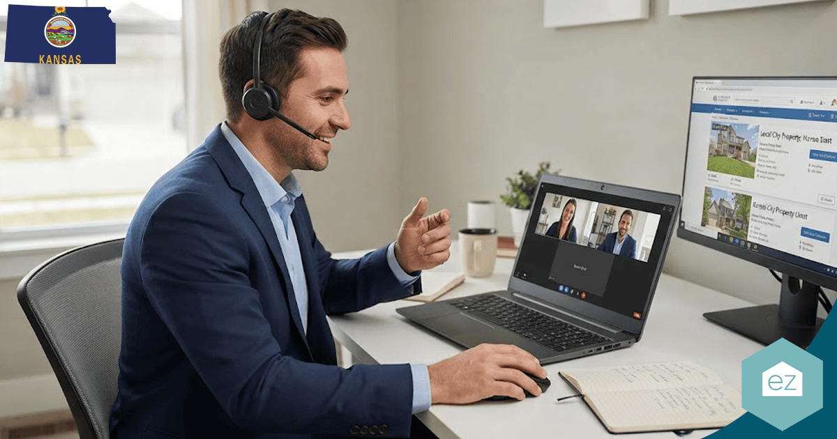 A man in a suit with a headset attends a video call at a desk, with two monitors, a notebook, and the Kansas state flag visible in the office, as he discusses Kansas real estate leads.
