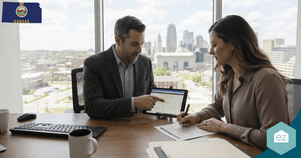 Two people sit at a desk in an office with city views; one points at a tablet with a map while the other takes notes on paper, actively discussing Kansas real estate leads. A Kansas emblem appears in the top left corner.