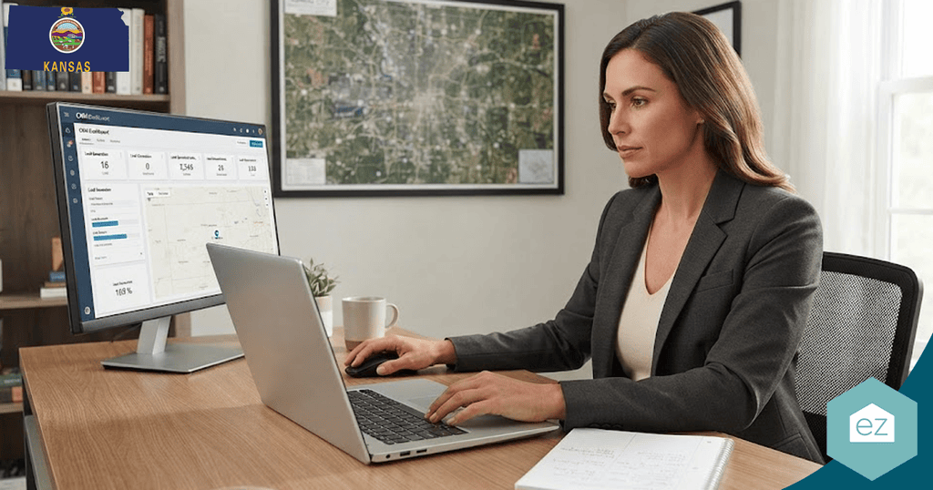 A woman in an office works at a desk with a laptop and monitor displaying charts, analyzing Kansas real estate leads. A notebook and pen are on the desk. A map and Kansas state flag are on the wall.