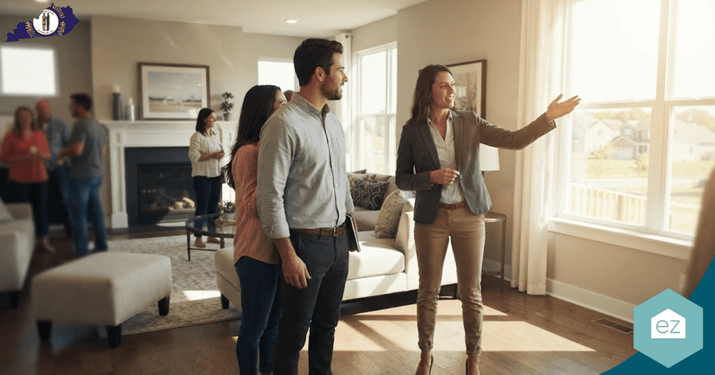 A realtor shows a couple around a bright living room while other people stand and chat in the background, highlighting the growing interest in Kentucky real estate leads.