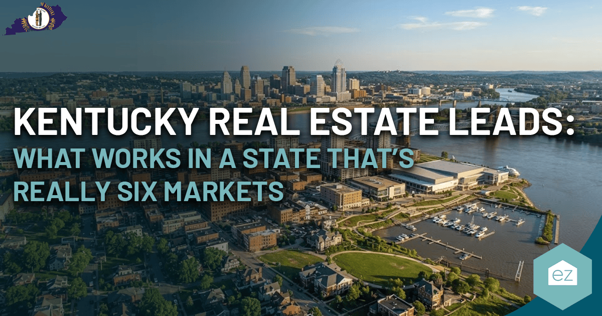 Aerial view of downtown Louisville, Kentucky, with the Ohio River in the foreground and text highlighting top Kentucky real estate leads overlaid on the image.