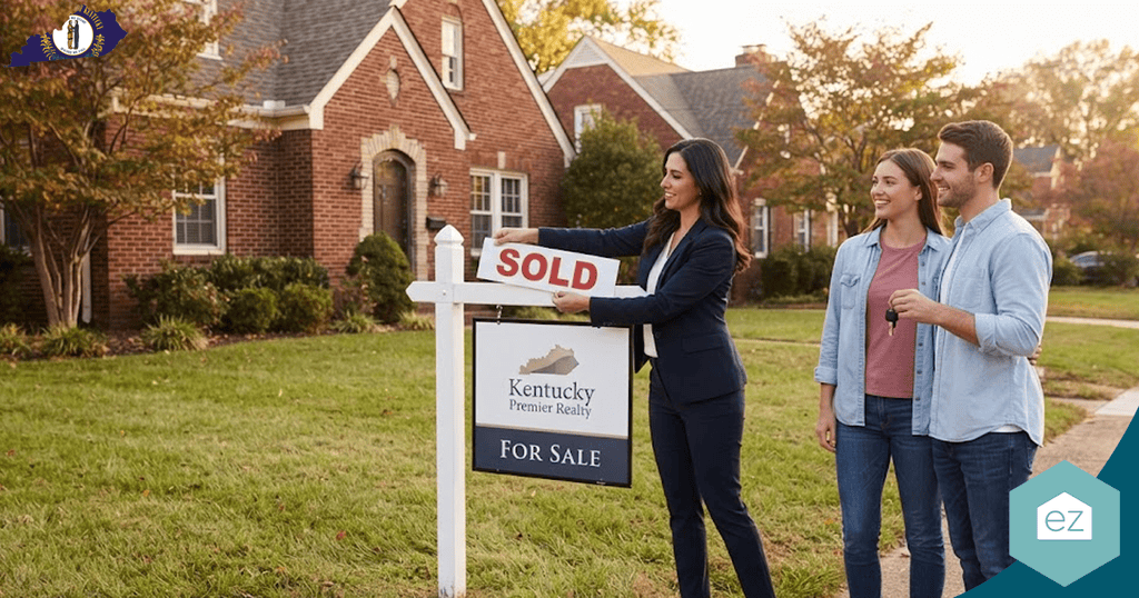 A real estate agent places a “Sold” sign on a “For Sale” post outside a brick house while a smiling couple—new homeowners thanks to valuable Kentucky real estate leads—stands nearby.