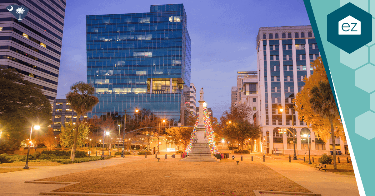 City plaza at dusk in Columbia, South Carolina