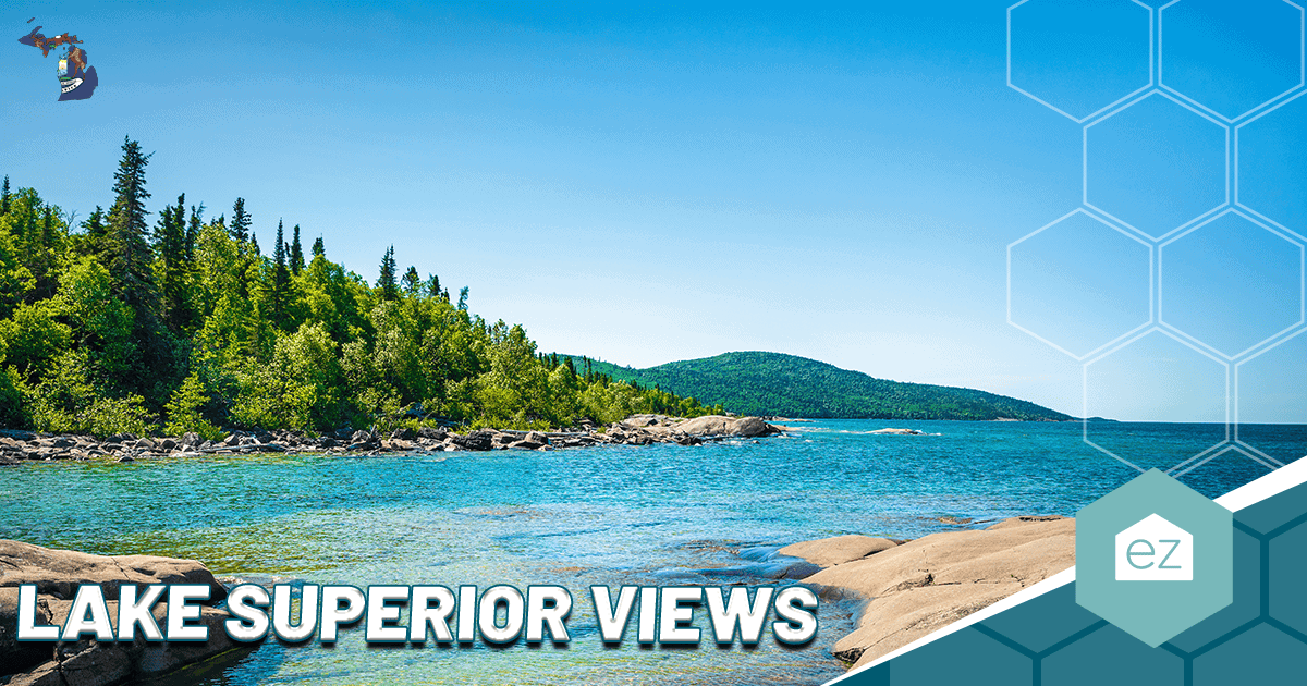 Rocky Lake Superior shoreline on a clear day in Michigan's Upper Peninsula