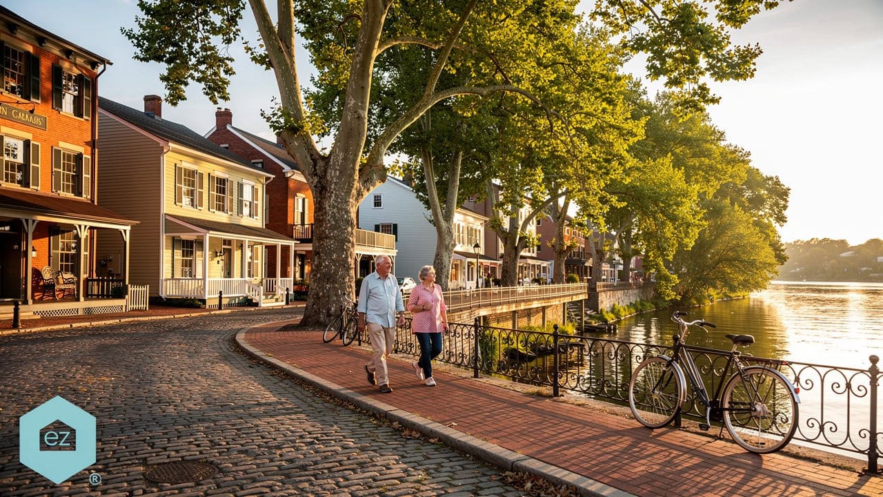 Historic riverfront homes along the Delaware River in Lambertville, New Jersey