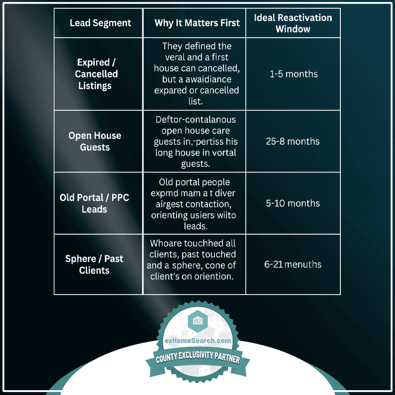 Table showing lead segments, reasons for priority, and ideal reactivation windows for real estate—including Expired Listings, Open House Guests, PPC Leads, and Past Clients—designed to help you determine how to reactivate old real estate leads efficiently.