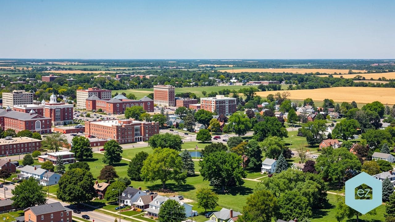 Aerial view of Lincoln, Nebraska, with red-brick buildings, tree-lined neighborhoods, and surrounding farmland