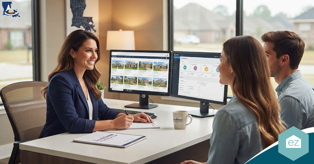 A real estate agent shows Louisiana real estate leads to two clients on dual monitors in a modern office with large windows.