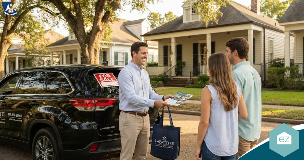 A real estate agent hands brochures to a man and woman on a suburban street beside a car with a “For Sale” sign, generating valuable Louisiana real estate leads.