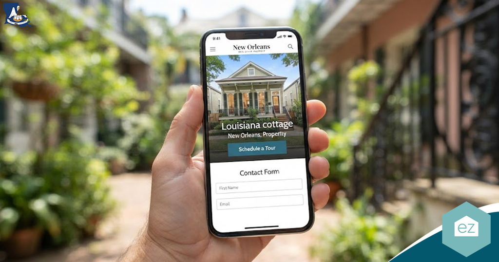 A person holds a smartphone displaying a Louisiana cottage property listing with a contact form, capturing valuable Louisiana real estate leads. Blurred buildings and plants appear in the background.