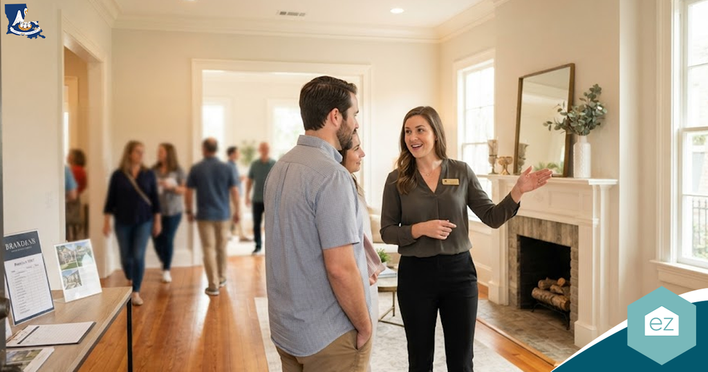 A real estate agent discusses options with a couple in a bright living room during an open house, generating Louisiana real estate leads as others tour the home in the background.