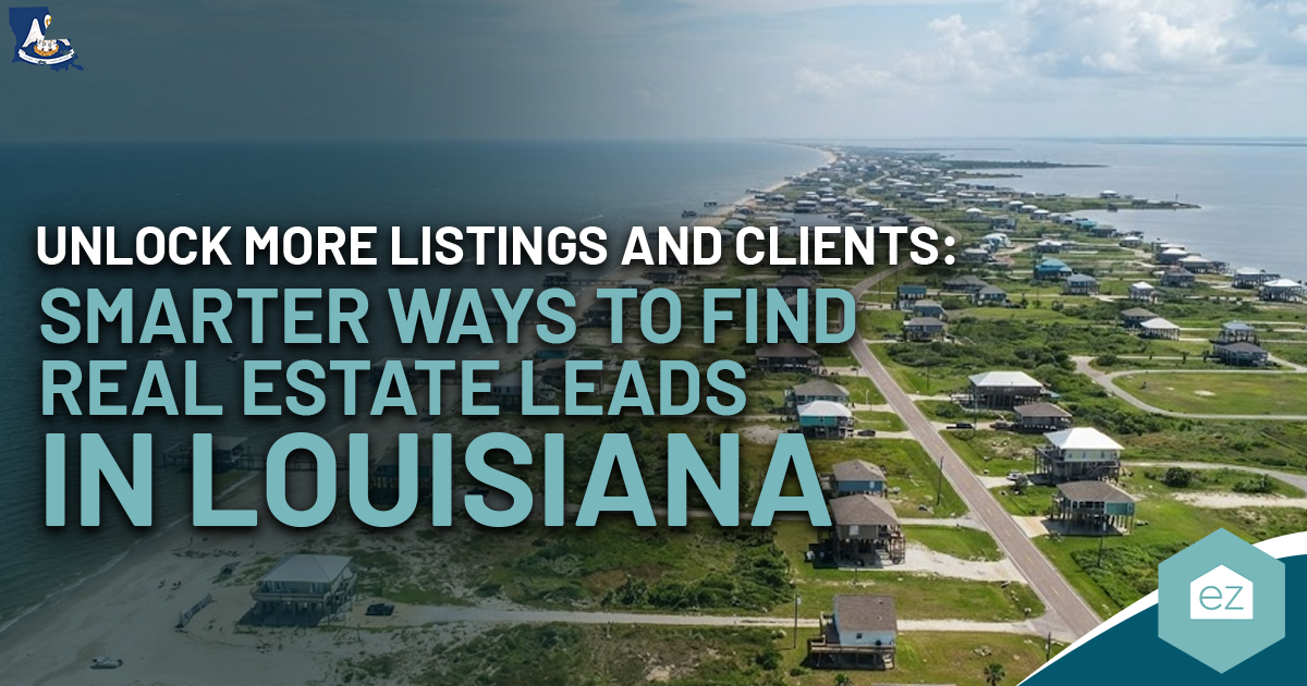 Aerial view of houses along the coast with text promoting the best strategies to find Louisiana real estate leads.
