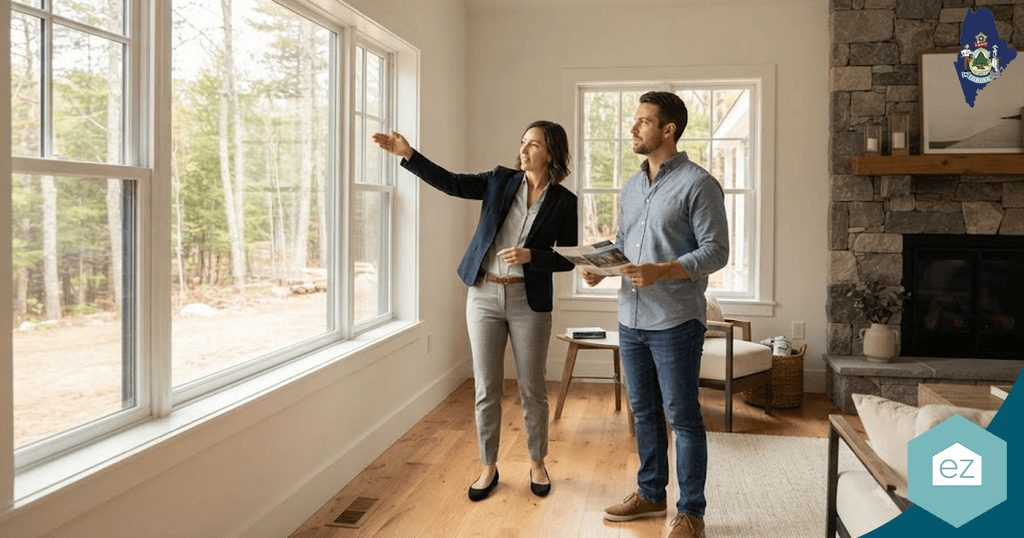 A woman gestures toward large windows while discussing Maine real estate leads with a man in a bright, modern living room that features a stone fireplace and offers a wooded view outside.