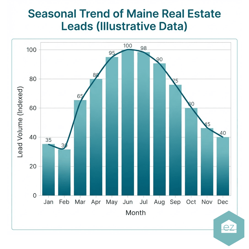 Bar graph showing Maine real estate leads volume peaking in July and August, with lowest volumes in January and December and moderate values in spring and fall months.