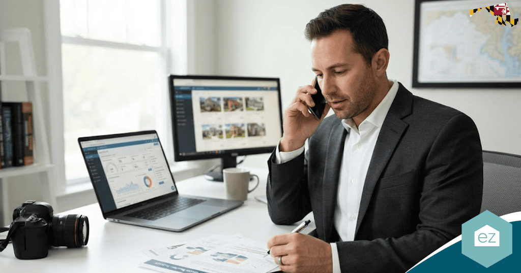 A man in a suit sits at a desk with a laptop, camera, and papers, talking on the phone and taking notes in a bright office as he discusses promising Maryland real estate leads.