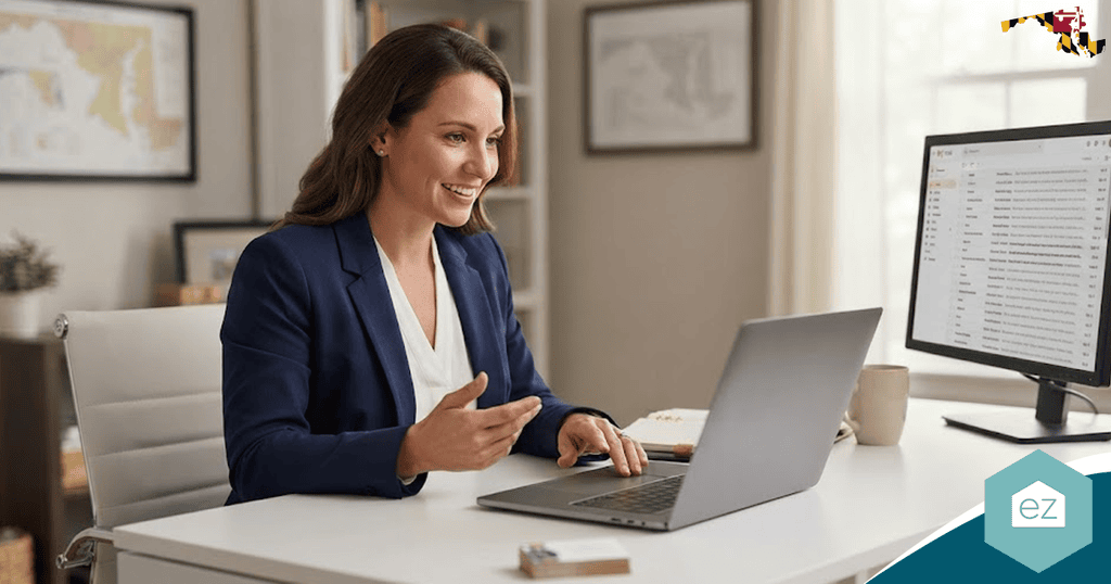 Woman in a blazer sits at a desk, smiling and gesturing while on a video call using a laptop; her email inbox, filled with Maryland real estate leads, is open on an external monitor.
