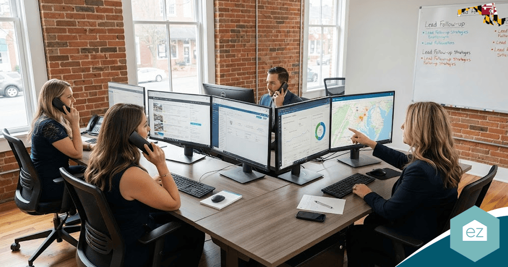 Four people work at computers in a modern office, each at dual monitors; two are on the phone discussing Maryland real estate leads, and one points at a screen displaying a map. A whiteboard with notes is visible in the background.