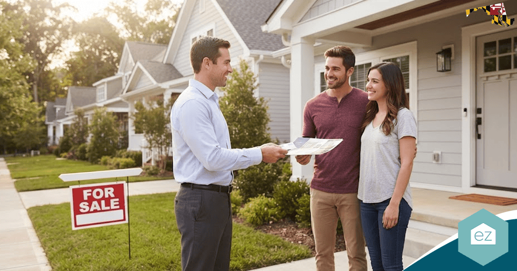 A real estate agent shows paperwork to a smiling couple outside a house with a “For Sale” sign in the yard on a suburban street, exemplifying how Maryland real estate leads can turn into happy new homeowners.