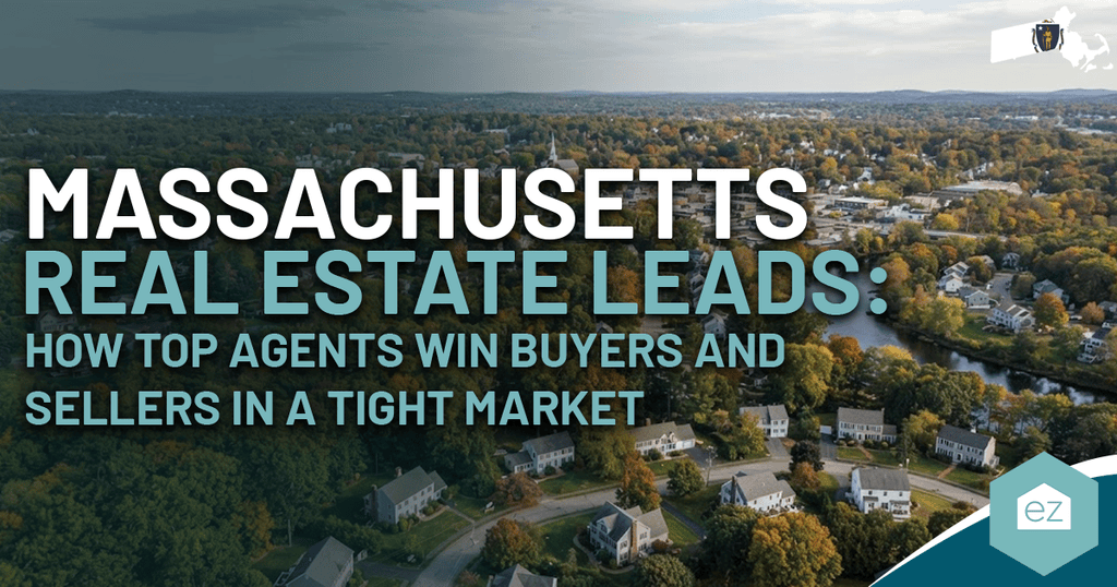 Aerial view of a suburban Massachusetts neighborhood with text about Massachusetts real estate leads and agents winning buyers and sellers.