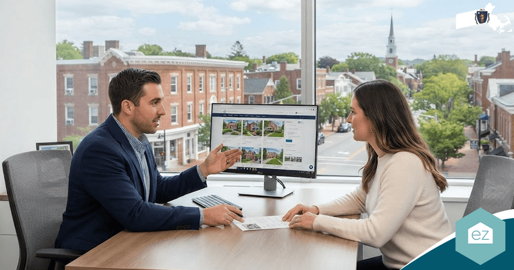 A man and woman sit at a desk in an office discussing Massachusetts real estate leads displayed on a computer monitor.