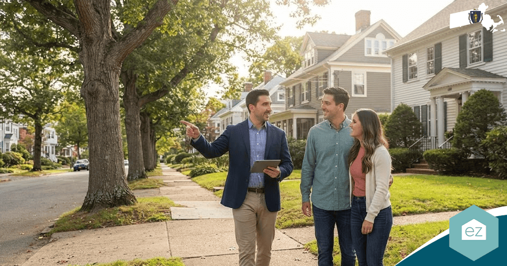 A man in a suit shows a couple around a suburban neighborhood, pointing toward a nearby house as he discusses promising Massachusetts real estate leads. The couple walks beside him, listening attentively. Trees and houses line the street.