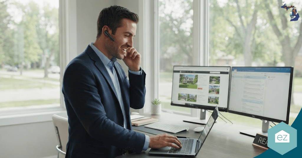 A man in business attire stands at a desk, talking on a headset while using a laptop to manage Michigan real estate leads, with two monitors displaying web pages in a bright office.