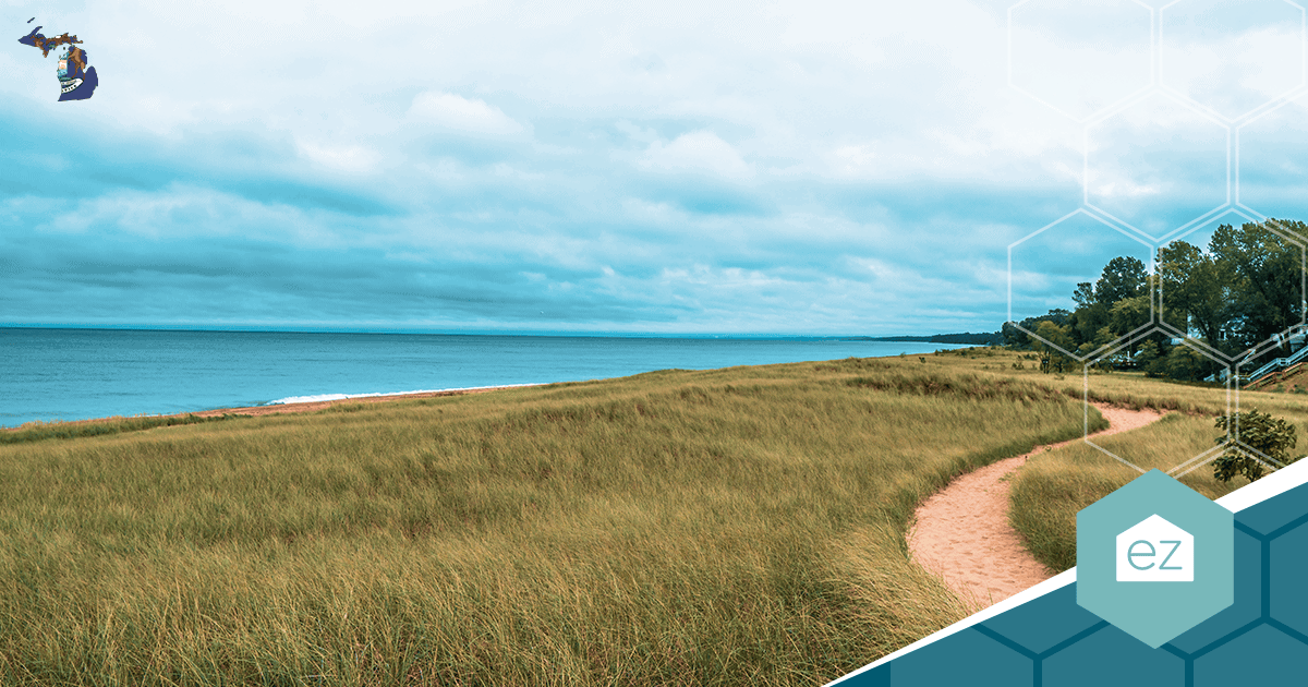 Sandy dune path through tall grass along a calm Michigan lakeshore