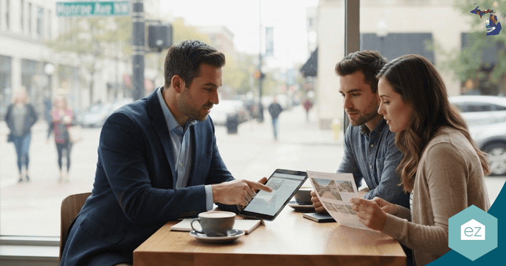 Three people sit at a cafe table with a laptop and documents, discussing Michigan real estate leads. A street scene is visible through the window behind them.