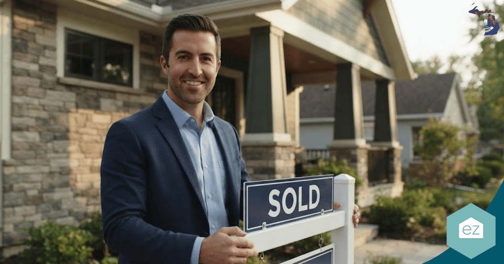 A man in a suit stands outside a house holding a “SOLD” sign, celebrating success with Michigan real estate leads. The house features a stone and siding exterior, a welcoming porch, and well-kept landscaping. The “ez” logo is in the bottom right corner.
