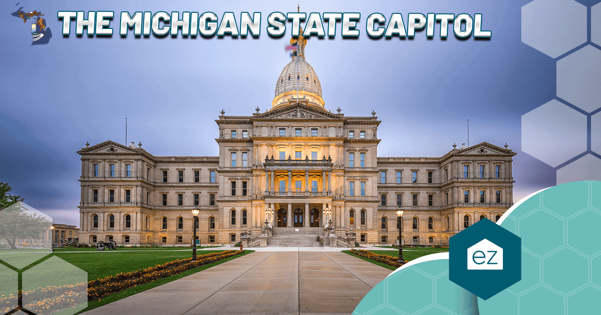 The Michigan State Capitol building in Lansing at dusk