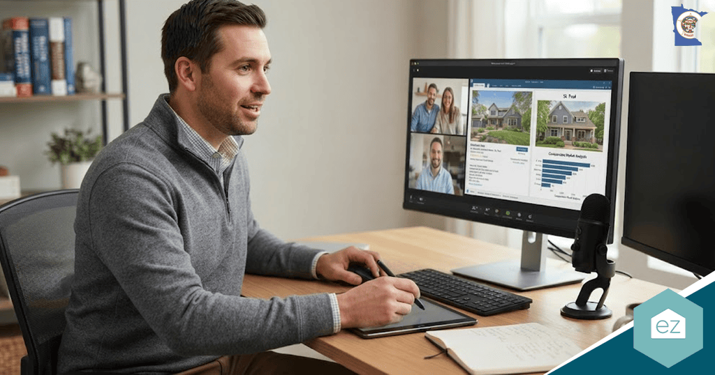 Man sitting at a desk in a home office participates in a video call with three people, sharing a Minnesota real estate leads listing and data chart on his computer screen.