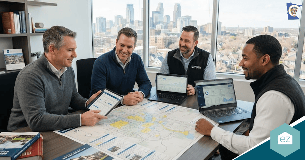 Four men sit around a table with laptops and a city map, discussing Minnesota real estate leads in a modern office with large windows and a city skyline in the background.