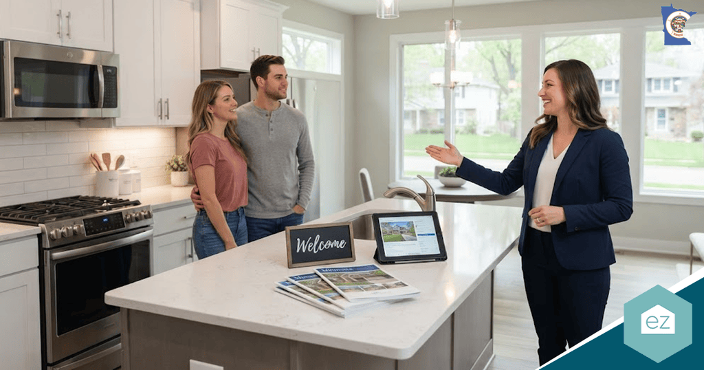 A real estate agent shows a modern kitchen to a smiling couple. A “Welcome” sign, brochures, and a tablet are displayed on the island countertop—perfect tools for generating Minnesota real estate leads.