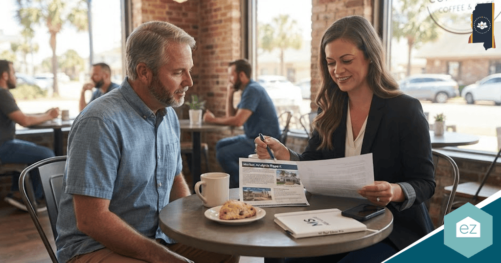 A man and a woman sit at a small cafe table, reviewing printed documents and a laptop, likely discussing Mississippi real estate leads, with coffee and a pastry beside them. Other people are seated in the background.