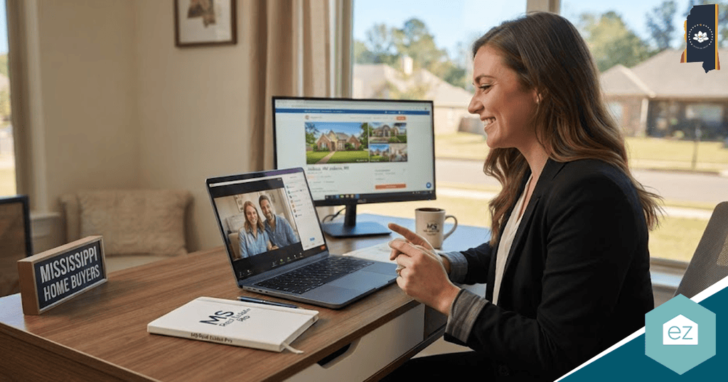 A woman sits at a desk in a home office, video conferencing on a laptop, with a monitor displaying a real estate website and a sign reading “Mississippi Home Buyers.” She reviews Mississippi real estate leads as she connects with potential clients online.