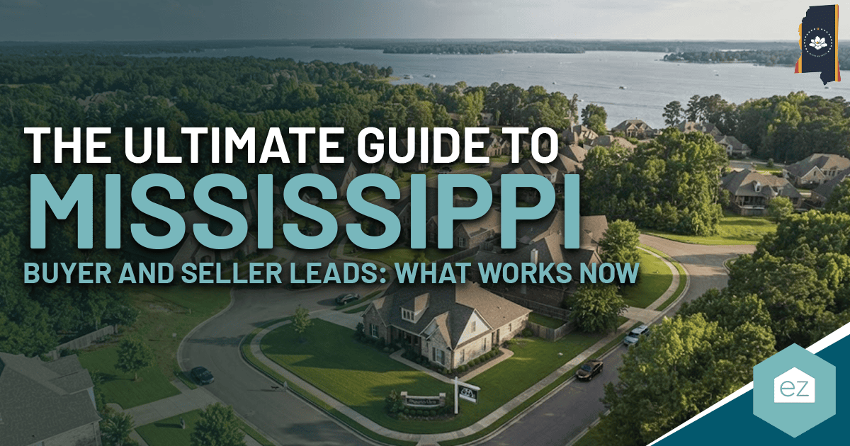 Aerial view of a suburban neighborhood by a lake with text: The Ultimate Guide to Mississippi Real Estate Leads for Buyers and Sellers: What Works Now.