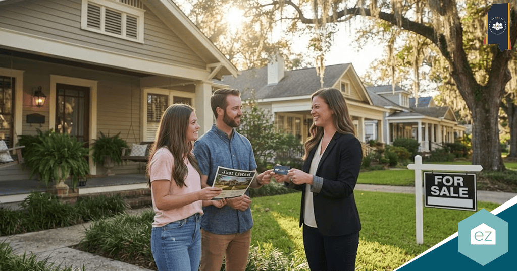 A couple stands with a real estate agent in front of a house with a “For Sale” sign in the yard. The agent, who specializes in Mississippi real estate leads, holds keys while the couple holds a brochure.