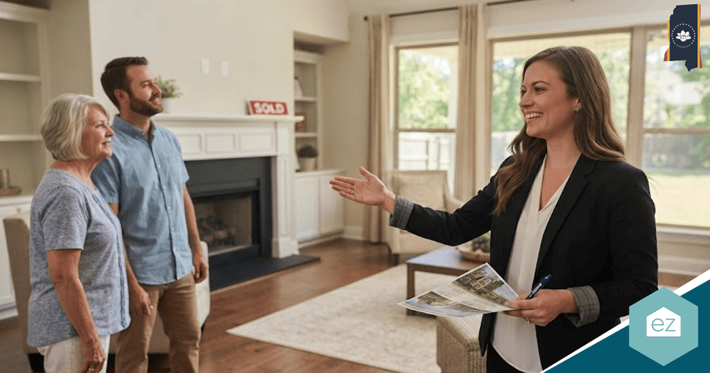 A real estate agent gestures while showing a living room to two clients. The room, ideal for attracting Mississippi real estate leads, features a fireplace and a “SOLD” sign on the mantle.