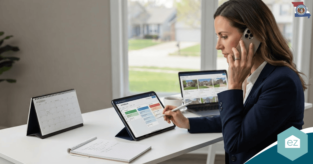 Woman in business attire works at a desk with a tablet, laptop, notepad, and calendar, speaking on the phone in a home office setting as she follows up with Missouri real estate leads.