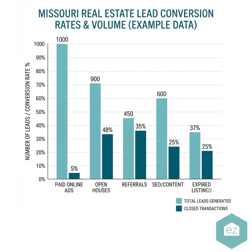 Bar chart showing Missouri real estate leads conversion rates and volumes by source: paid online ads, open houses, referrals, SEO/content, and expired listings, with two bars per source.