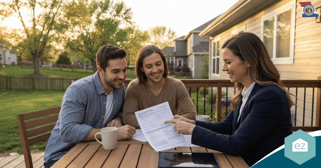 Three people sit at an outdoor table with coffee mugs, reviewing a document together in a residential backyard setting on a sunny day, discussing promising Missouri real estate leads.