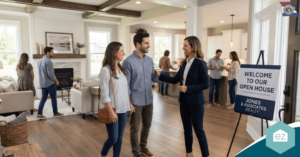 A real estate agent greets a couple at an open house, with other people touring the home in the background and a welcome sign displayed at the entrance, creating an inviting atmosphere perfect for attracting Missouri real estate leads.
