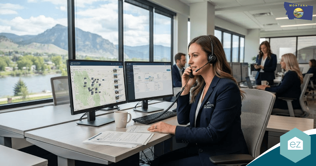 Woman with headset sits at a desk with dual monitors showing maps and data in a modern office with large windows and mountain views, expertly managing Montana real estate leads.