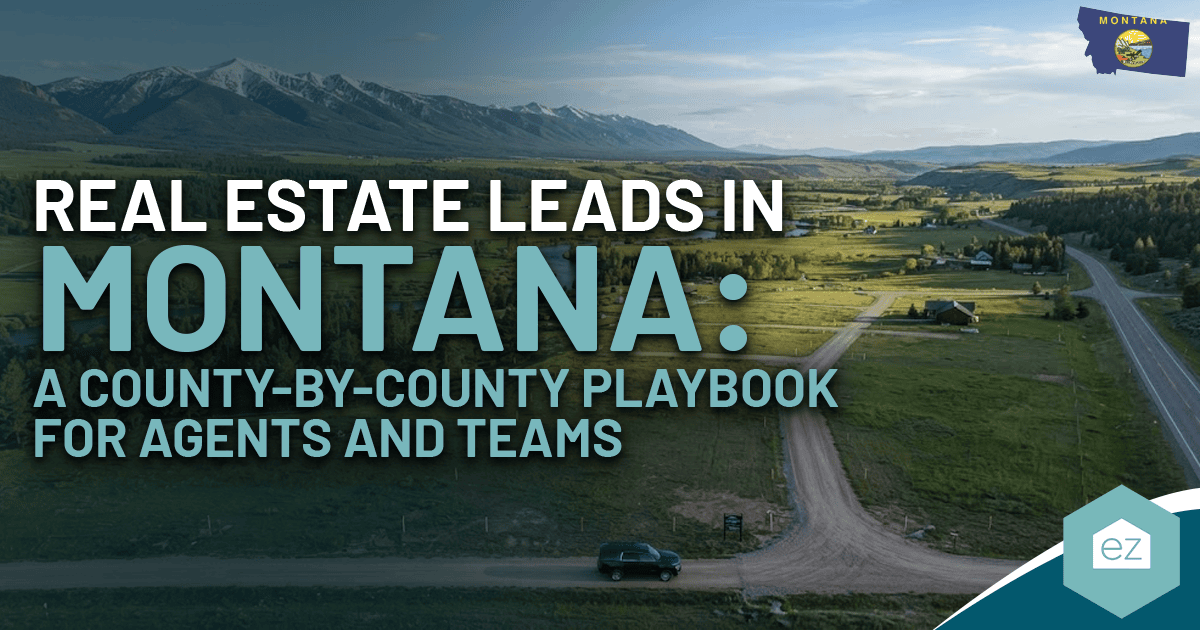 A rural Montana landscape with fields, farmhouses, and mountains under a blue sky. Text overlay discusses how Montana real estate leads can help agents and teams connect with buyers and sellers across the state.