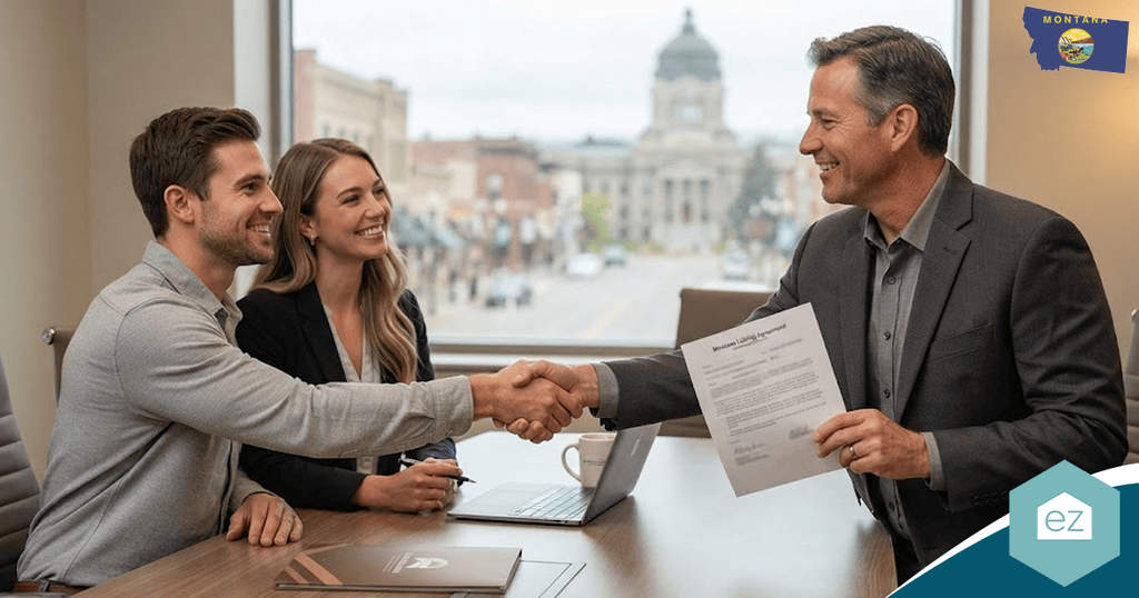 A man and woman sit at a desk and shake hands with another man holding a document, with a cityscape and Montana flag visible through the window behind them—symbolizing a successful connection in securing Montana real estate leads.
