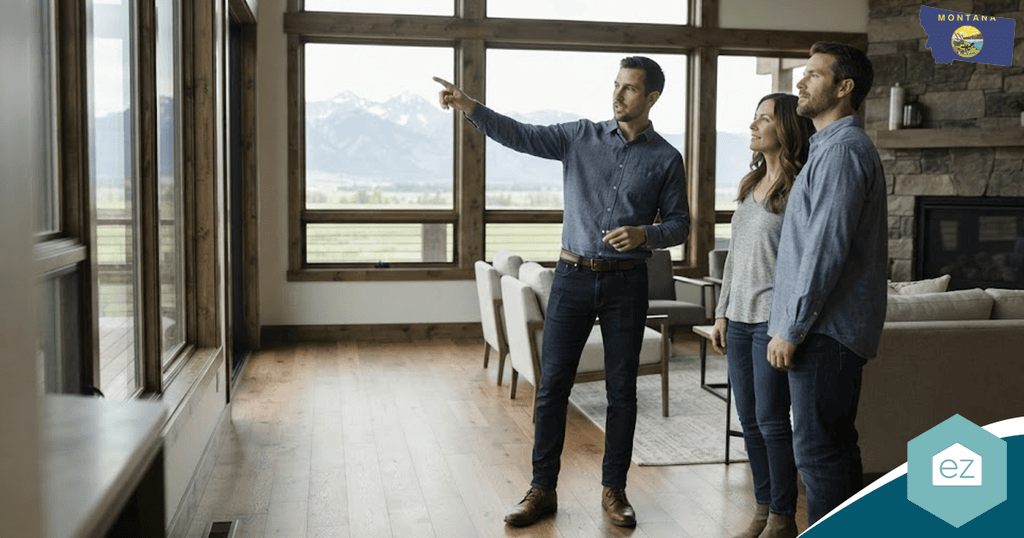 A man points out features of a modern home’s living area to a couple; large windows show mountains outside, perfect for those seeking Montana real estate leads.