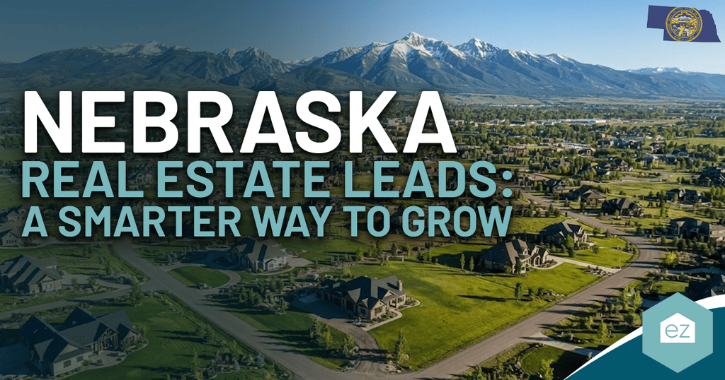 Aerial view of a suburban neighborhood with mountains in the background; text reads “Nebraska Real Estate Leads: A Smarter Way to Grow,” highlighting innovative strategies for generating quality Nebraska real estate leads.