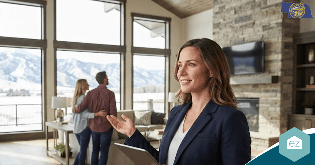 A real estate agent stands with a tablet in a modern home as a couple looks out the large windows at a snowy mountain view, discussing promising Nebraska real estate leads and the opportunities available in this picturesque setting.
